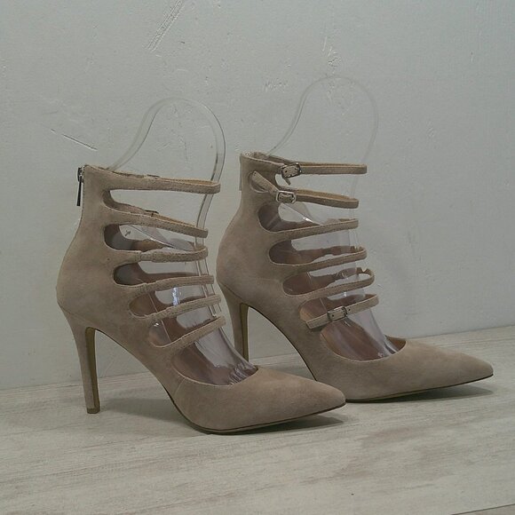 Sexy Jessica Simpson Cyndee Strappy Stiletto Suede Cream Heels Size 10 M - Picture 1 of 11